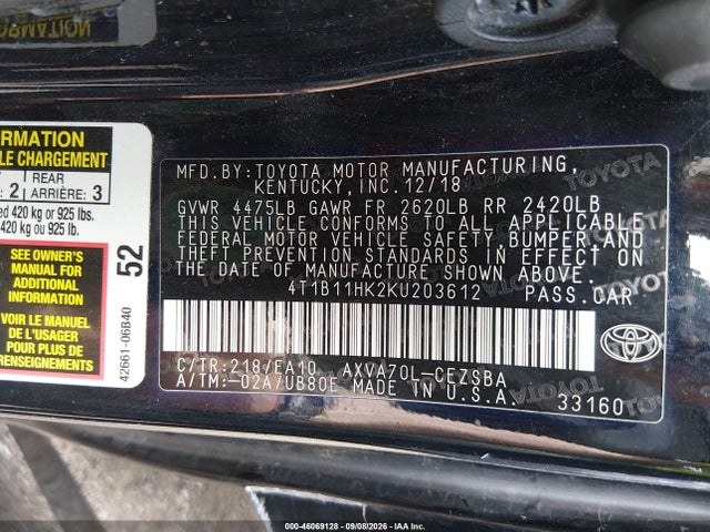 Продажа на аукционе авто 2019 Toyota Camry Se, vin: 4T1B11HK2KU203612, номер лота: 46069128