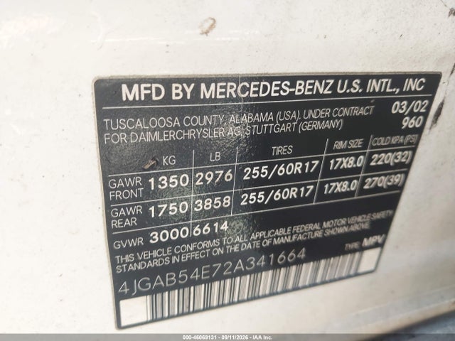 Продаж на аукціоні авто 2002 Mercedes-benz Ml 320, vin: 4JGAB54E72A341664, номер лоту: 46069131