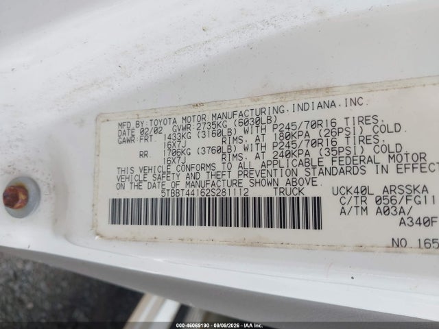 Auction sale of the 2002 Toyota Tundra Sr5 V8, vin: 5TBBT44162S281112, lot number: 46069190