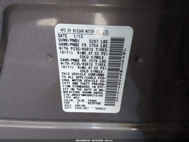 Продаж на аукціоні авто 2013 Nissan Murano Sv, vin: JN8AZ1MW3DW315168, номер лоту: 46069192