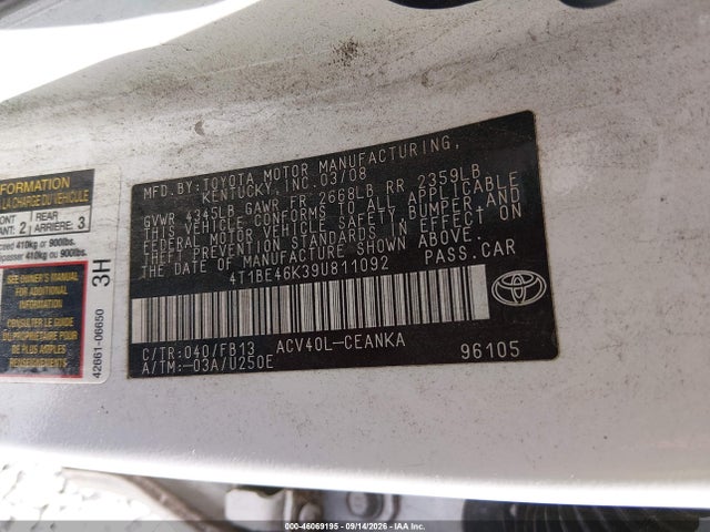Aukcja sprzedaży 2009 Toyota Camry Le, vin: 4T1BE46K39U811092, numer aukcji: 46069195