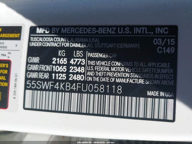 2015 Mercedes-benz C 300 Sport 4matic მანქანა იყიდება აუქციონზე, vin: 55SWF4KB4FU058118, აუქციონის ნომერი: 46069199