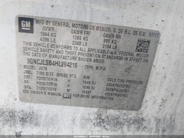 Aukcja sprzedaży 2017 Chevrolet Trax Lt, vin: 3GNCJLSB4HL284216, numer aukcji: 46069211