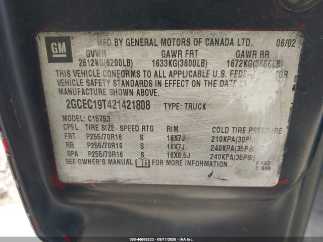 2002 Chevrolet Silverado 1500 Ls მანქანა იყიდება აუქციონზე, vin: 2GCEC19T421421808, აუქციონის ნომერი: 46069223