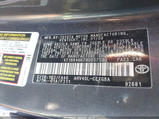 Aukcja sprzedaży 2008 Toyota Camry Hybrid, vin: 4T1BB46K78U057590, numer aukcji: 46069224