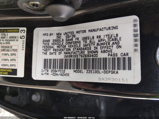 Aukcja sprzedaży 2006 Toyota Corolla S, vin: 1NXBR32E76Z693400, numer aukcji: 46069227