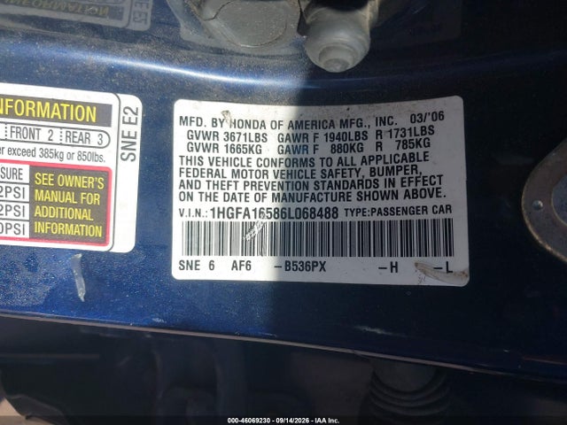 2006 Honda Civic Lx მანქანა იყიდება აუქციონზე, vin: 1HGFA16586L068488, აუქციონის ნომერი: 46069230