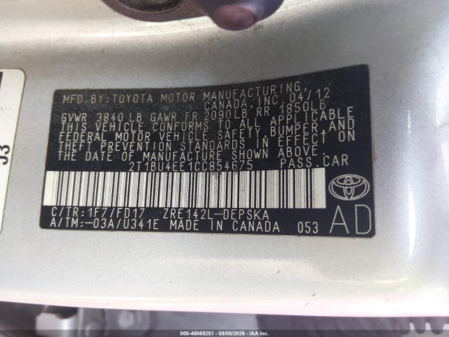 46069251 :رقم المزاد ، 2T1BU4EE1CC854675 vin ، 2012 Toyota Corolla S مزاد بيع