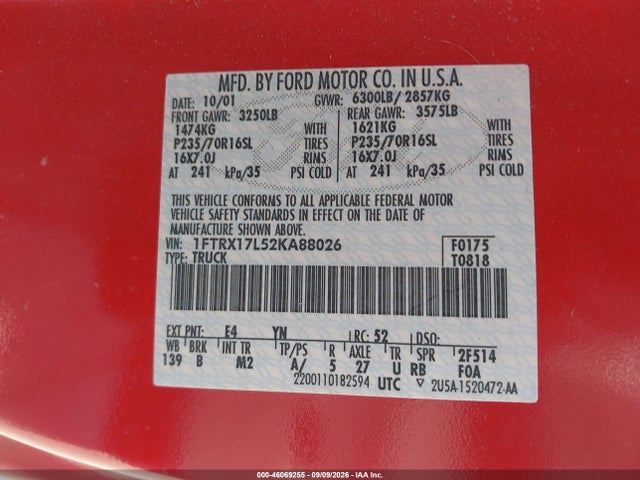 Aukcja sprzedaży 2002 Ford F-150 Lariat/xl/xlt, vin: 1FTRX17L52KA88026, numer aukcji: 46069255
