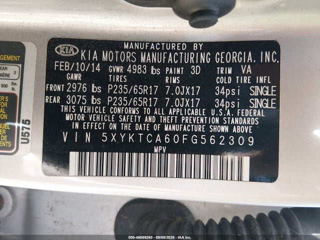 Aukcja sprzedaży 2015 Kia Sorento Lx, vin: 5XYKTCA60FG562309, numer aukcji: 46069260