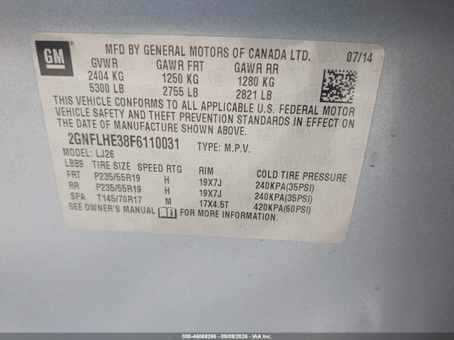 Продажа на аукционе авто 2015 Chevrolet Equinox Ltz, vin: 2GNFLHE38F6110031, номер лота: 46069266