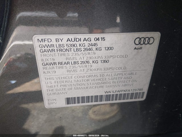 2015 Audi Q5 2.0t Premium მანქანა იყიდება აუქციონზე, vin: WA1LFAFPXFA129785, აუქციონის ნომერი: 46069271