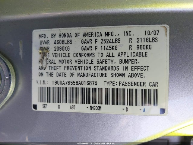 Aukcja sprzedaży 2008 Acura Tl Type S, vin: 19UUA76558A016874, numer aukcji: 46069272