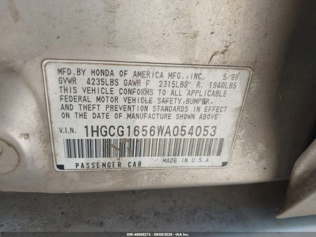 Auction sale of the 1998 Honda Accord Ex V6, vin: 1HGCG1656WA054053, lot number: 46069274