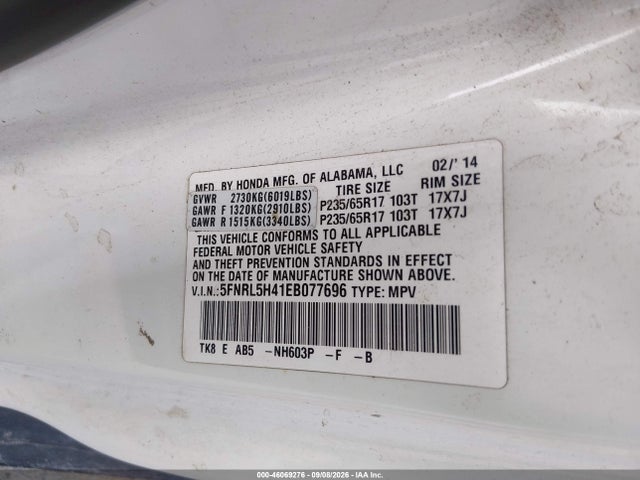 Aukcja sprzedaży 2014 Honda Odyssey Ex, vin: 5FNRL5H41EB077696, numer aukcji: 46069276