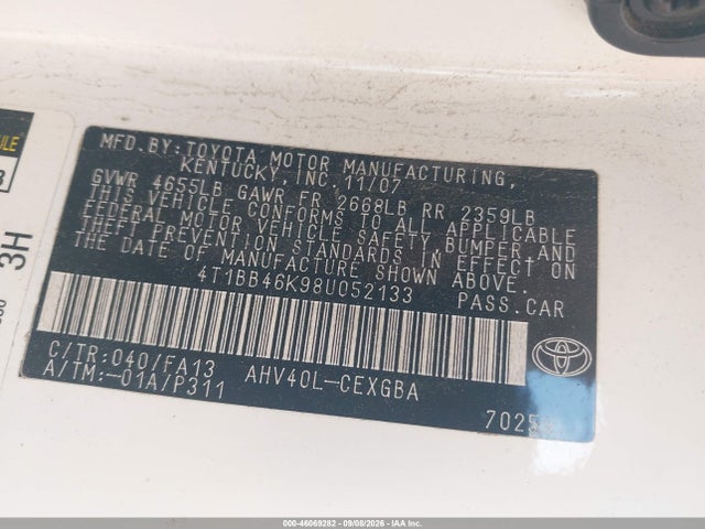 2008 Toyota Camry Hybrid მანქანა იყიდება აუქციონზე, vin: 4T1BB46K98U052133, აუქციონის ნომერი: 46069282