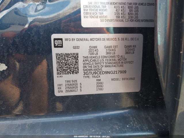 Aukcja sprzedaży 2022 Gmc Sierra 1500 Limited 4wd  Short Box Elevation, vin: 3GTU9CED9NG217909, numer aukcji: 46069289