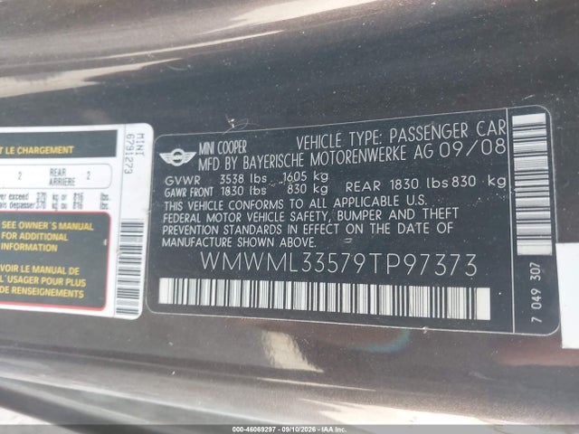 2009 Mini Cooper Clubman მანქანა იყიდება აუქციონზე, vin: WMWML33579TP97373, აუქციონის ნომერი: 46069297