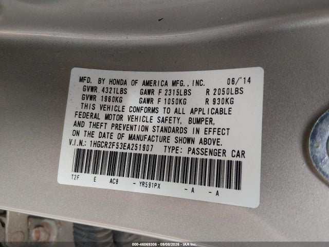 2014 Honda Accord Sport მანქანა იყიდება აუქციონზე, vin: 1HGCR2F53EA251907, აუქციონის ნომერი: 46069306