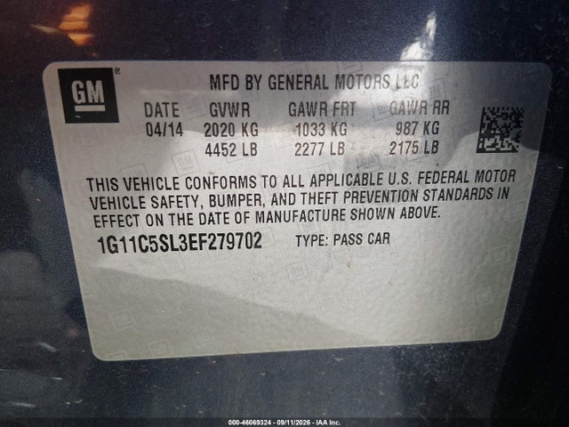 2014 Chevrolet Malibu 1lt მანქანა იყიდება აუქციონზე, vin: 1G11C5SL3EF279702, აუქციონის ნომერი: 46069324