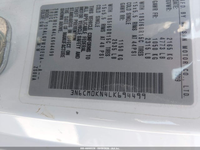 2020 Nissan Nv200  Cargo Sv Xtronic Cvt მანქანა იყიდება აუქციონზე, vin: 3N6CM0KN4LK694499, აუქციონის ნომერი: 46069326