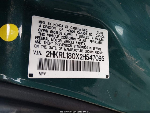 46069329 :رقم المزاد ، 2HKRL180X2H547095 vin ، 2002 Honda Odyssey Ex-l مزاد بيع