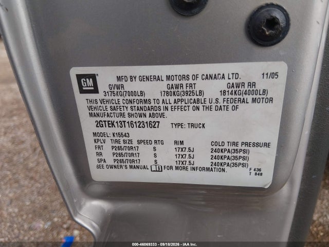 46069333 :رقم المزاد ، 2GTEK13T161231627 vin ، 2006 Gmc Sierra 1500 Sle2 مزاد بيع