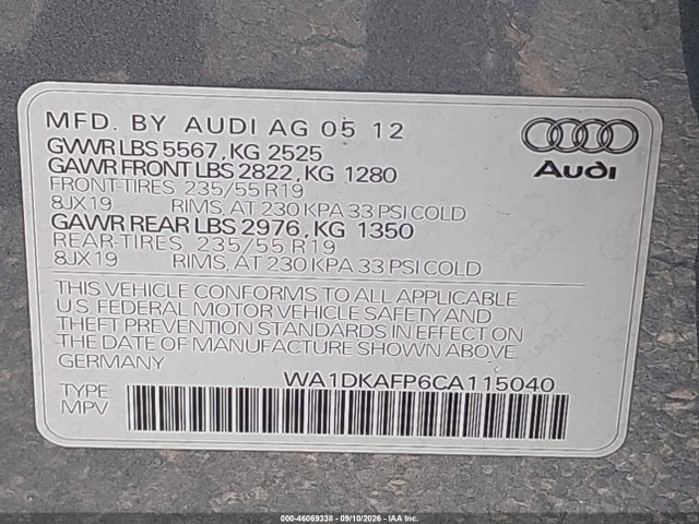 Aukcja sprzedaży 2012 Audi Q5 3.2 Premium Plus, vin: WA1DKAFP6CA115040, numer aukcji: 46069338