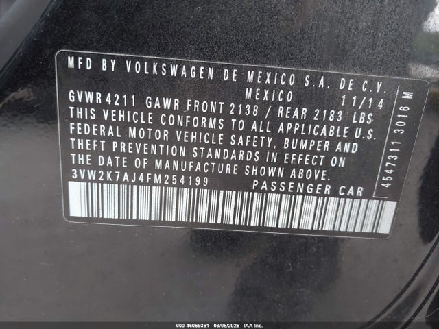 Продажа на аукционе авто 2015 Volkswagen Jetta 2.0l S, vin: 3VW2K7AJ4FM254199, номер лота: 46069361