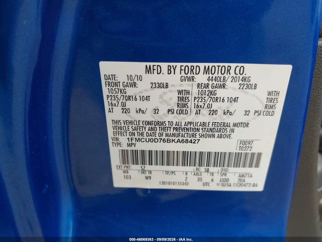 46069363 :رقم المزاد ، 1FMCU0D76BKA68427 vin ، 2011 Ford Escape Xlt مزاد بيع