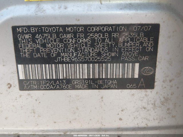 Aukcja sprzedaży 2007 Lexus Gs 350, vin: JTHBE96S570025525, numer aukcji: 46069364