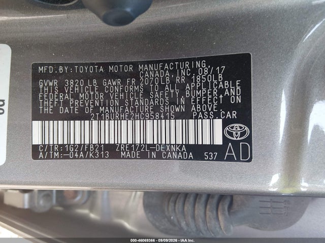 Продаж на аукціоні авто 2017 Toyota Corolla Le, vin: 2T1BURHE2HC958415, номер лоту: 46069366