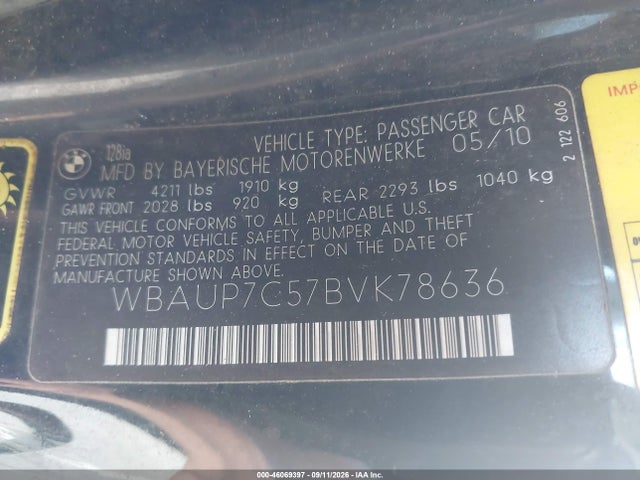 Aukcja sprzedaży 2011 Bmw 128i, vin: WBAUP7C57BVK78636, numer aukcji: 46069397