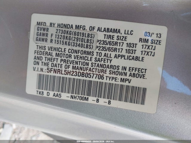 46069400 :رقم المزاد ، 5FNRL5H23DB057706 vin ، 2013 Honda Odyssey Lx مزاد بيع