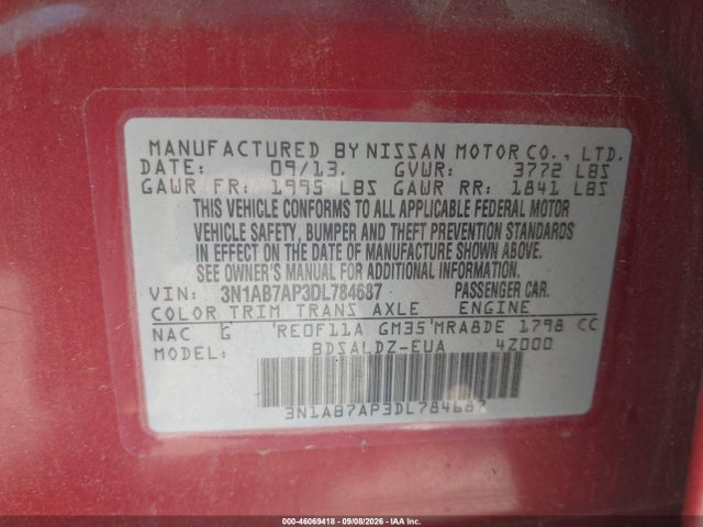 Продаж на аукціоні авто 2013 Nissan Sentra Sv, vin: 3N1AB7AP3DL784687, номер лоту: 46069418