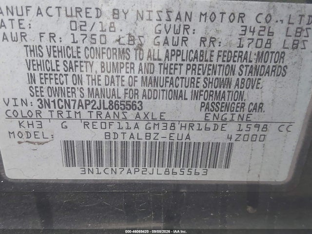 Nissan Versa 1.6 Sv 2018 3N1CN7AP2JL865563 Image 9