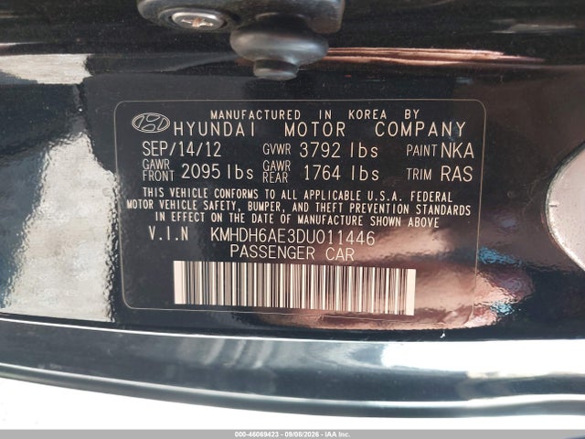 2013 Hyundai Elantra Gs მანქანა იყიდება აუქციონზე, vin: KMHDH6AE3DU011446, აუქციონის ნომერი: 46069423