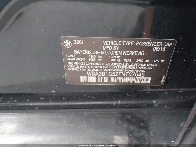Продажа на аукционе авто 2015 Bmw 320i, vin: WBA3B1G52FNT07645, номер лота: 46069431