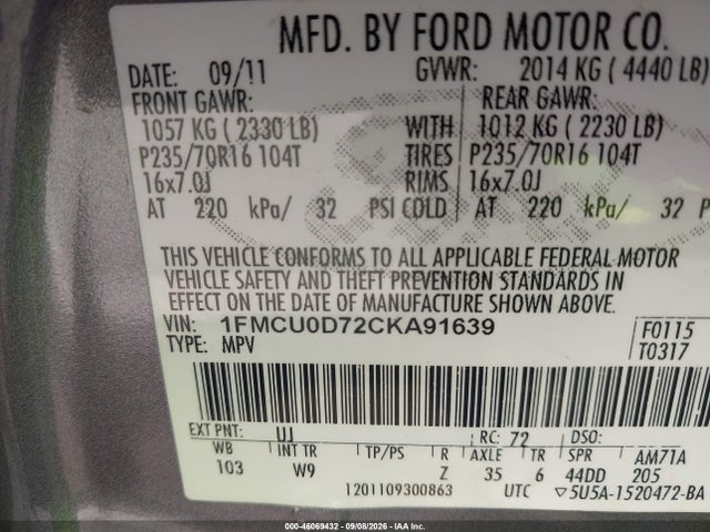 2012 Ford Escape Xlt მანქანა იყიდება აუქციონზე, vin: 1FMCU0D72CKA91639, აუქციონის ნომერი: 46069432