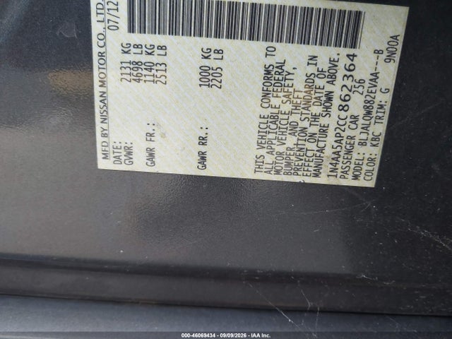 2012 Nissan Maxima 3.5 S მანქანა იყიდება აუქციონზე, vin: 1N4AA5AP2CC862364, აუქციონის ნომერი: 46069434