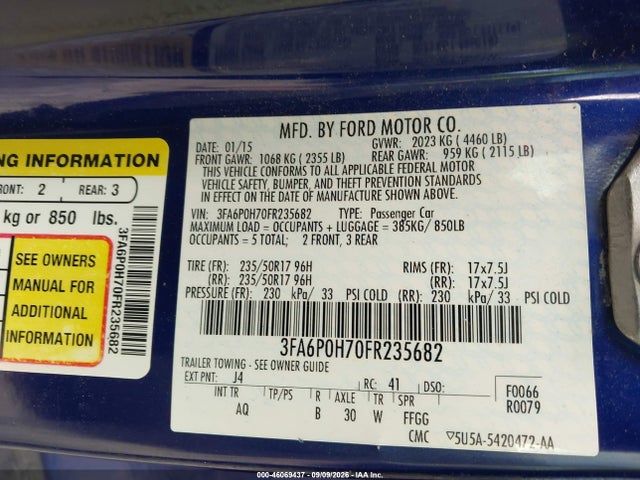 Ford FUSION SE 2015 3FA6P0H70FR235682 Image 9