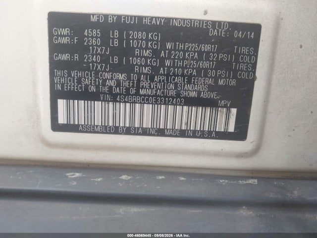 Aukcja sprzedaży 2014 Subaru Outback 2.5i Premium, vin: 4S4BRBCC0E3312403, numer aukcji: 46069445