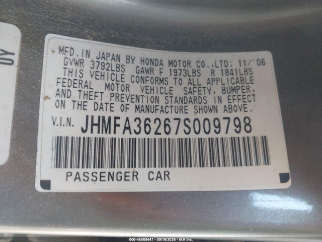 46069447 :رقم المزاد ، JHMFA36267S009798 vin ، 2007 Honda Civic Hybrid مزاد بيع