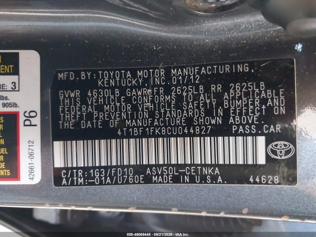 Продаж на аукціоні авто 2012 Toyota Camry Le, vin: 4T1BF1FK8CU044827, номер лоту: 46069448