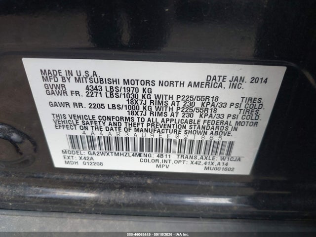 2014 Mitsubishi Outlander Sport Es მანქანა იყიდება აუქციონზე, vin: 4A4AR3AU9EE021865, აუქციონის ნომერი: 46069449