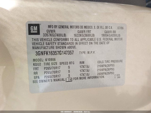 2007 Chevrolet Suburban 1500 Lt მანქანა იყიდება აუქციონზე, vin: 3GNFK16357G147357, აუქციონის ნომერი: 46069451