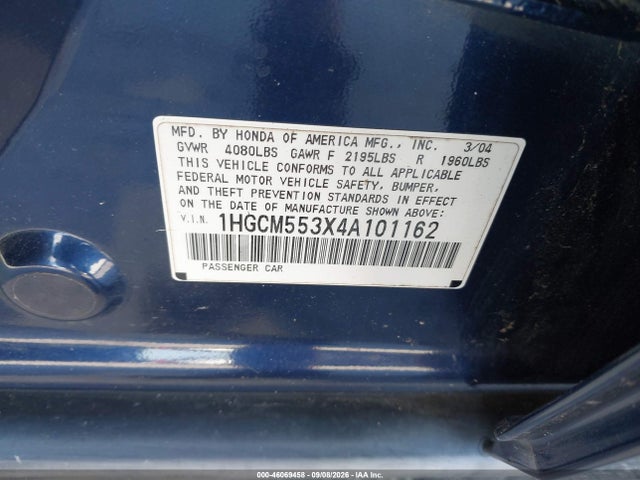 Продаж на аукціоні авто 2004 Honda Accord 2.4 Lx, vin: 1HGCM553X4A101162, номер лоту: 46069458