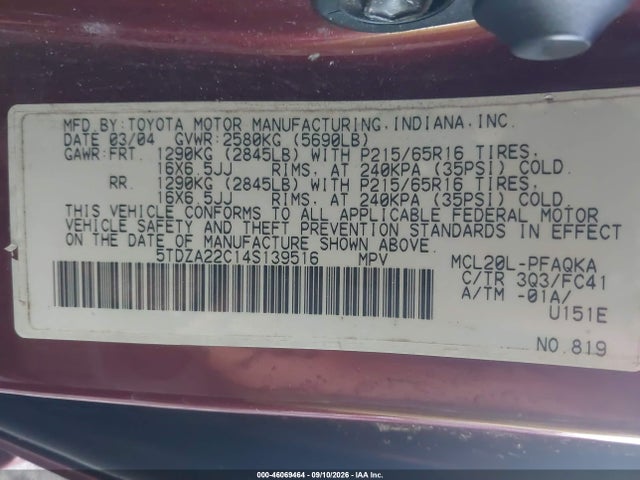 Продажа на аукционе авто 2004 Toyota Sienna Xle, vin: 5TDZA22C14S139516, номер лота: 46069464