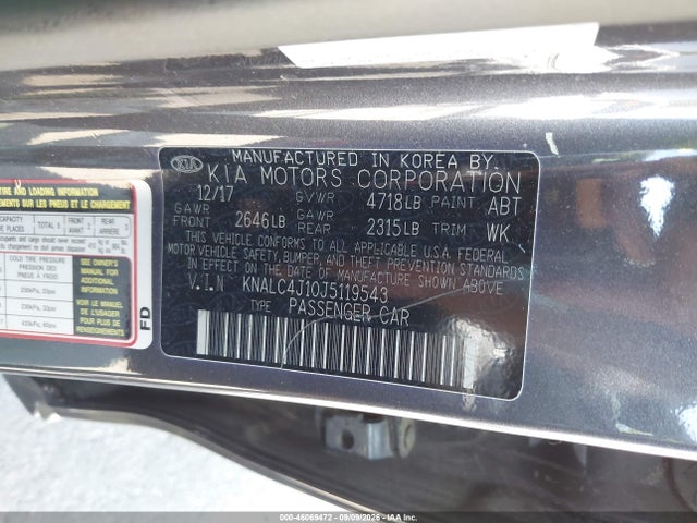 2018 Kia Cadenza Premium მანქანა იყიდება აუქციონზე, vin: KNALC4J10J5119543, აუქციონის ნომერი: 46069472