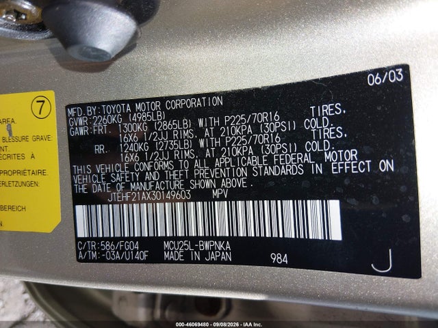 46069480 :رقم المزاد ، JTEHF21AX30149603 vin ، 2003 Toyota Highlander V6 مزاد بيع